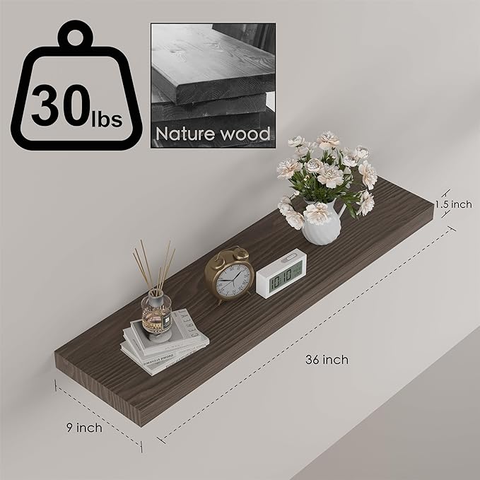 Floating Shelves for Wall - 36 x 9 Inch Wood Shelves for Bathroom, Bedroom, Kitchen Decor, Farmhouse Decor Set of 2, Rustic Brown