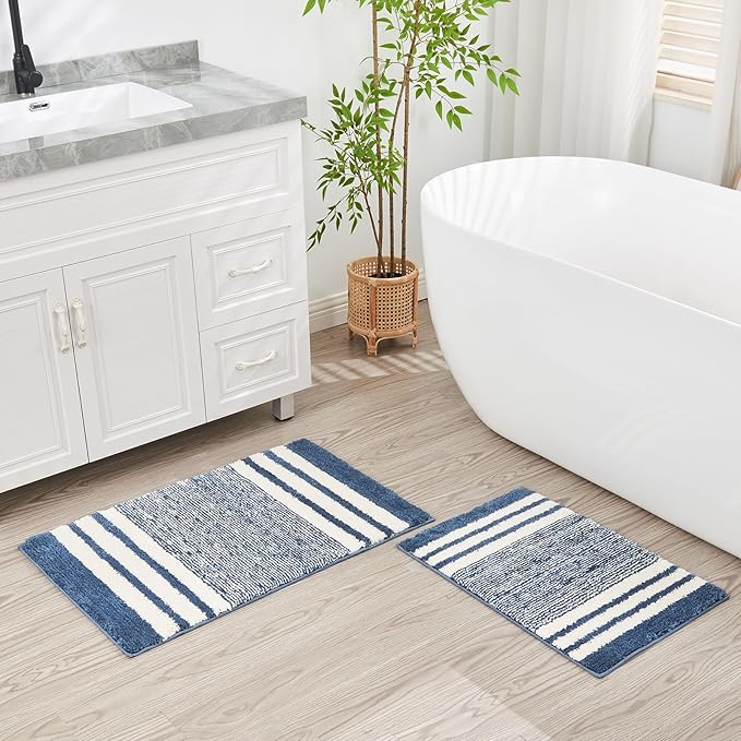 CozeCube Blue Striped Bath mats for Bathroom Non Slip, Fluffy Absorbent Microfiber Bath mat Washable, Aesthetic Bathroom Rugs, Cute Bath mat for Sink, 20" x 32"