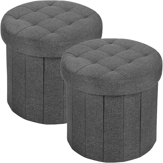 Ottoman with Storage, Foot Rest Stool with Thicker Foam Padded Seat Linen Small Round 14“ x 14” x 13 "Inchs Storage Ottoman Bench for Living Room Foldable Pouf Coffee Table 2 Pack, Dark Gray