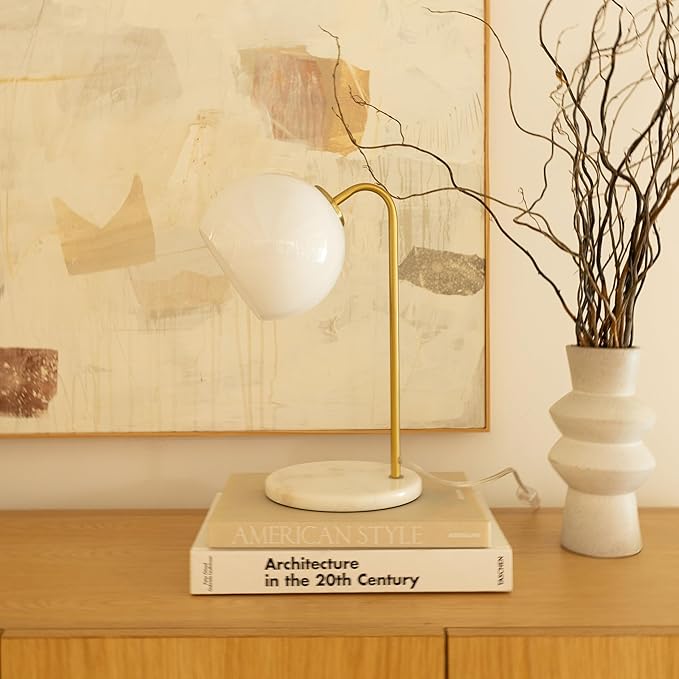 Brightech Krystal LED Table Lamp, Frosted Glass Globe Arcing Living Room Lamp, Mid-Century Modern Standing Lamp for Living Rooms, Boho Rustic Indoor Table Lamp for Bedrooms & Offices - Brass