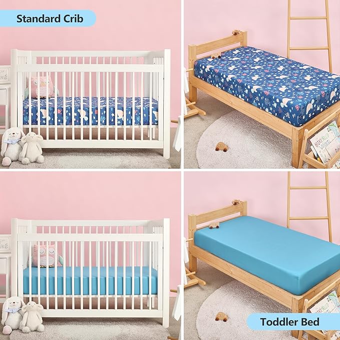 TILLYOU Baby Crib Sheets for Boys Girls, Fitted Crib Sheet 2 Pack for Standard Crib and Toddler Mattresses, Super Soft Toddler Bed Sheets, 28"x52"x8",Beach Time Turtle&Lake Blue