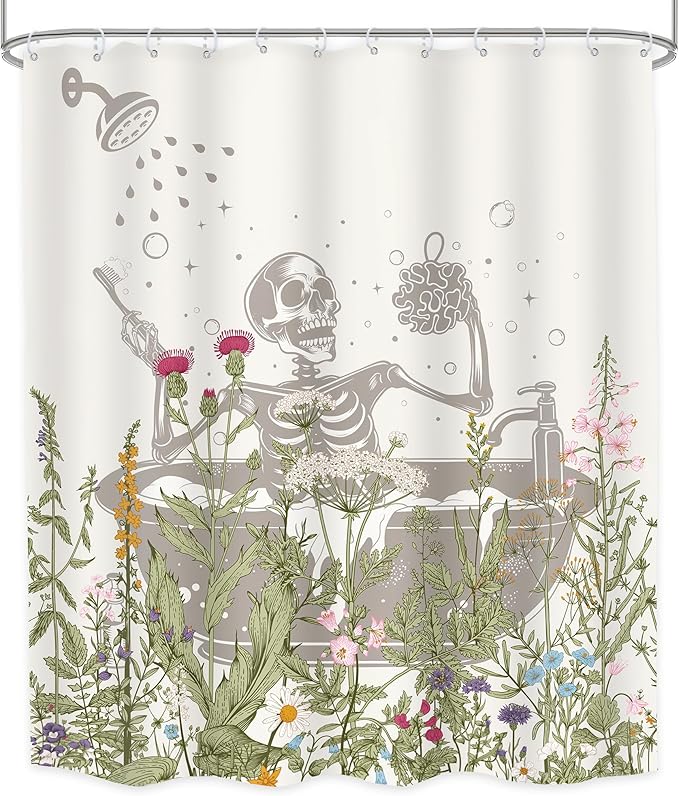 LGhtyro Funny Skull Halloween Wildflower Shower Curtain Bathroom Set 60Wx71H Inches Gothic Skeleton Floral Rustic Leaves in Bathtub Bath Accessories Spooky Cool Art Home Decor Fabric 12 Pack Hooks