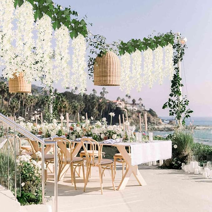 Artificial Lilac Flowers Garland 8Pcs-24Branches 33.5in Fake Syringa Wisteria Vines Faux Silk Lilac Hanging Floral Decoration for Indoor Outdoor Wedding Arch Birthday Party Garden Balcony (White)