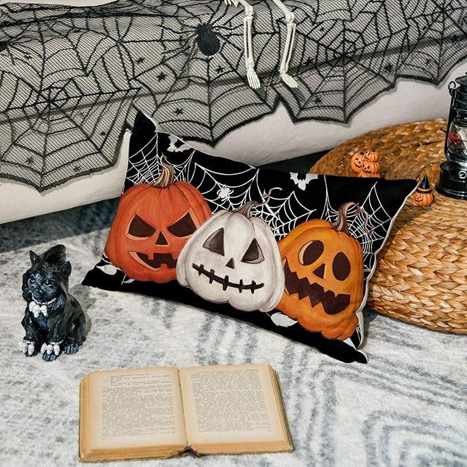 AVOIN colorlife Halloween Pumpkin Jack-O'-Lanterns Bat Throw Pillow Cover, 12 x 20 Inch Holiday Farmhouse Black Cushion Case Decoration for Sofa Couch