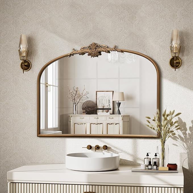 Vintage Baroque Gold Mirror: 32"x24" Arched Antique Wall Mounted Mirror - Traditional Ornate Metal Frame - Home Decor for Entryway/Fireplace/Living Room/Hallway/Bathroom