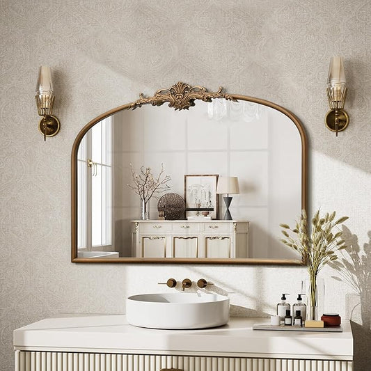 Vintage Baroque Gold Mirror: 32"x24" Arched Antique Wall Mounted Mirror - Traditional Ornate Metal Frame - Home Decor for Entryway/Fireplace/Living Room/Hallway/Bathroom
