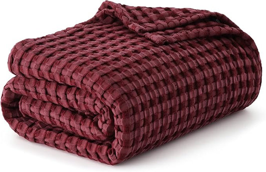 Bedsure Cooling Cotton Waffle Queen Size Blanket - Lightweight Breathable Blanket of Rayon Derived from Bamboo for Hot Sleepers, Luxury Throws for Bed, Couch and Sofa, Burgundy, 90x90 Inches