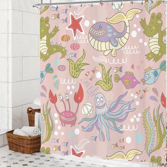 Pink Whale Kids Shower Curtain Set 72x72 Cute Cartoon Sea Animals Girls Shower Curtain for Bathroom Ocean Marine Theme Under Sea Bath Curtain Set Underwater Octopus Fish Kids Bathroom Decor