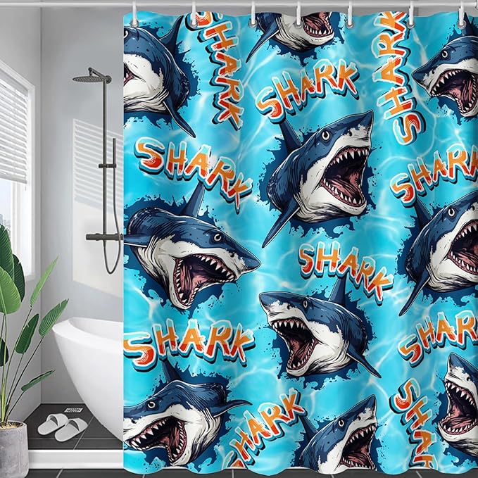 AILONEN Blue Shark Shower Curtain,Scream Shark Bath Curtain Gifts for Kids,Ocean Animal Polyester Waterproof with 12 Plastic Hooks, 72" W*78" H Blue