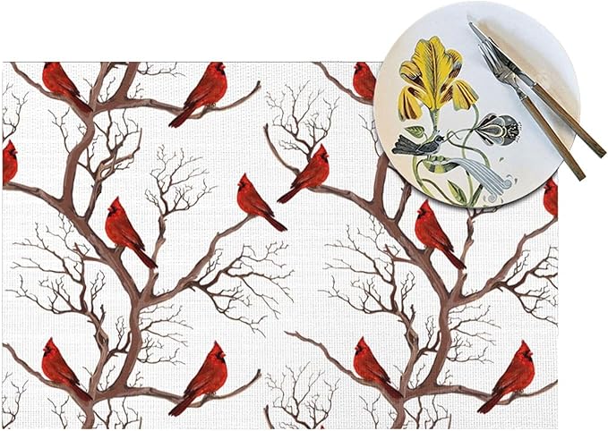 Winter Cardinal Christmas Placemats Set of 4, Red Decorative Place Mats 12x18 Inch Washable Heat Resistant Table Mats for Kitchen Dining Tables Holiday Party Farmhouse Home Decor