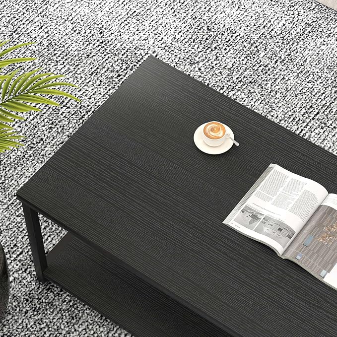 EXCEFUR Black Coffee Table, Modern Wood and Metal Living Room Table with Storage Shelf, 47 Inch