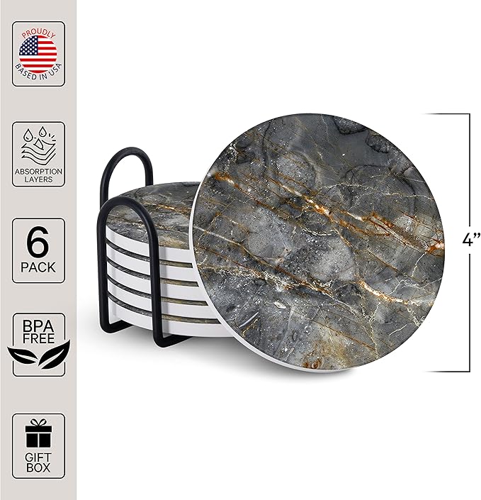 Emerson Coasters for Drinks Absorbent – Natural Stone Drink Coasters Set with Holder, Coasters for Coffee Table, Wooden Tabletop Protection Marble Style – 100% Heavy Duty Set of 6 (Gray)