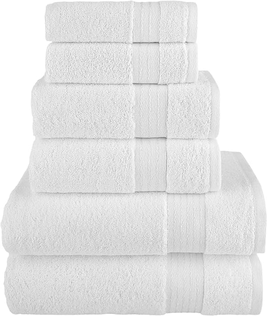 Elegant Comfort Premium Cotton 6-Piece Towel Set, Includes 2 Washcloths, 2 Hand Towels and 2 Bath Towels, 100% Turkish Cotton - Highly Absorbent and Super Soft Towels for Bathroom, White