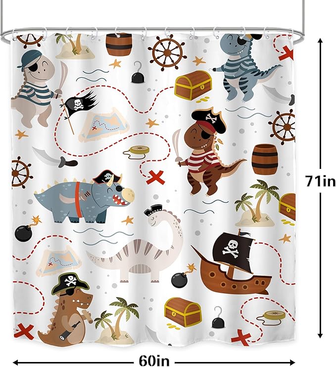 LGhtyro Kids Dinosaur Shower Curtain Bathroom Set 60Wx71H Inches Dino Pirate Boys Ship Cartoon Funny Nautical Sailboat Trex Raptor Bath Accessories Cute Animal Art Home Decor Fabric 12 Pack Hooks