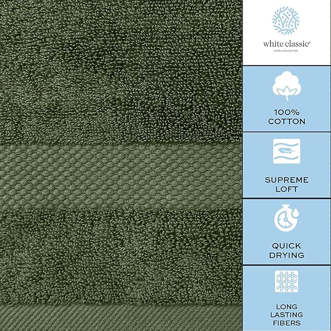 White Classic Luxury 4-Piece Large Bathroom Towel Set - 700 GSM Cotton Ultra Soft Towels 27x54 | High Absorbency & Quick Dry | Hotel Plush Dark Green Towels