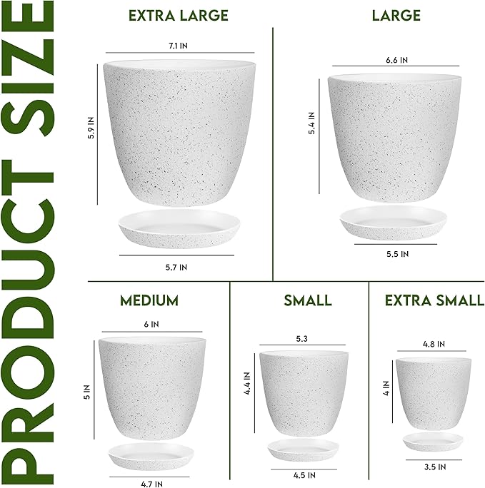 Utopia Home - Plant Pots Indoor with Drainage - 7/6.6/6/5.3/4.8 Inches Flower Pots - 5 Pack Plastic Planters - Ideal for Stocking Stuffers or Home Christmas Decorations - Spotty Grey