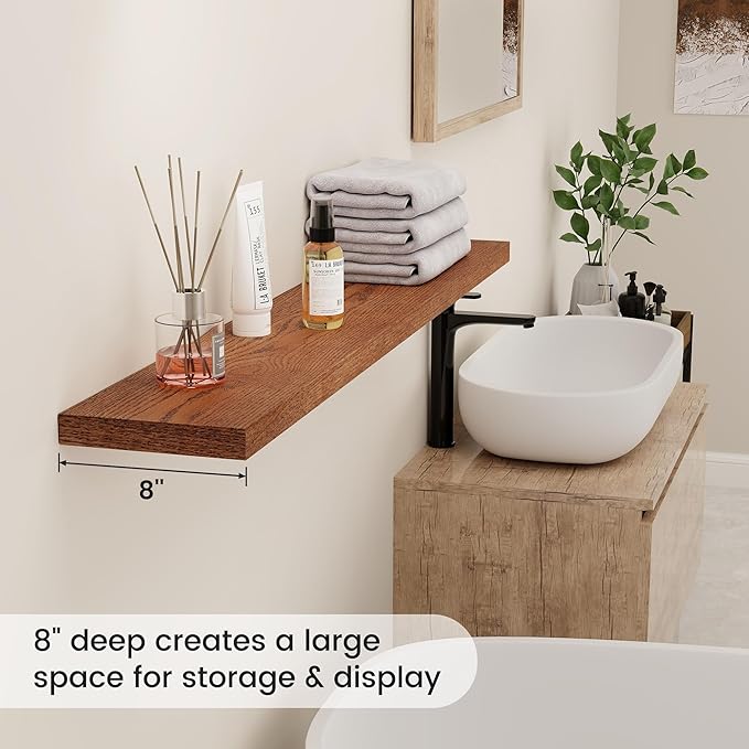 Fun Memories Floating Shelves, 8 Inch Deep Floating Shelves, Natural Oak Wood Floating Shelf 48 Inch Long, Rustic Wooden Wall Shelves for Home Storage, 48" W x 8" D, Walnut Oak Color, Set of 1