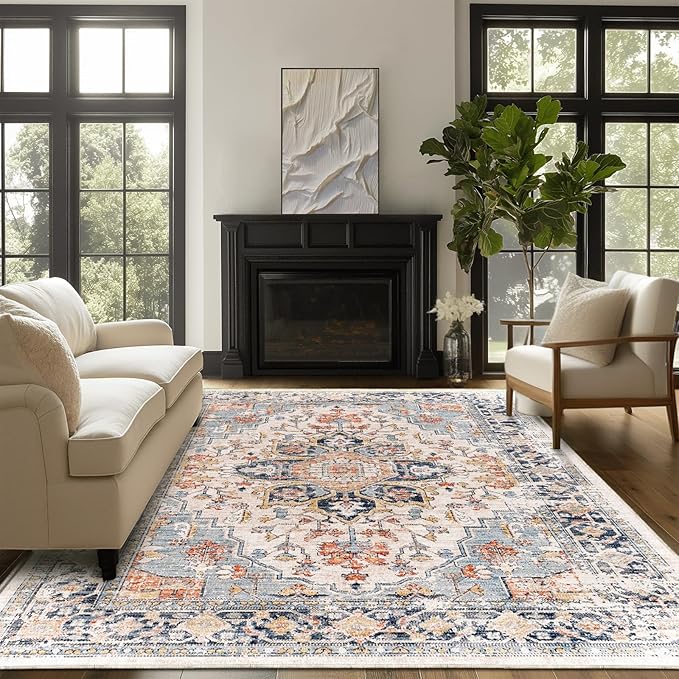 Area Rugs for Living Room - 9x12 Area Rugs, Machine Washable Rugs 9x12, Non-Slip, Stain Resistant Soft Boho Vintage Large Carpet Low Pile Thin Rugs for Living Room Bedroom