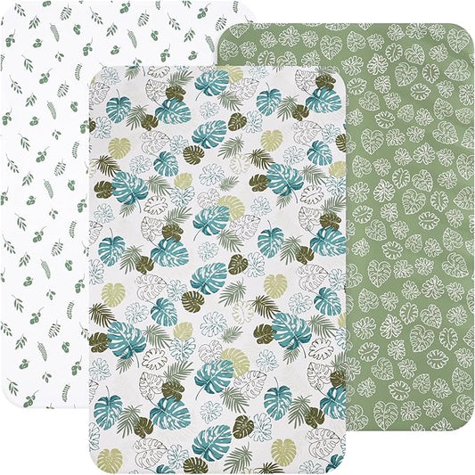 3 Pack Mini Crib Sheets, Premium Pack N Play Sheets for Boys Girls Neutral, Soft Breathable Baby Sheets Fit Pack N Play, Playard and Mini Crib Mattresses, Leaf