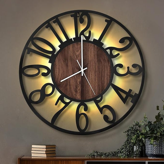LEIKE Large Wall Clocks with Night Light Battery Operated,Silent Non Ticking,Rustic Modern Big Wood Clock for Living Room, Bedroom,Kitchen,Farmhouse,Office,Home Decor-24 Inch(Black-Arabic Number)