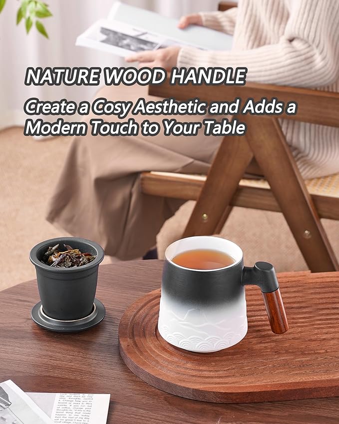 ZENS Mug With Infuser and Lid for Loose Leaf Steeper, 16.9oz Embossed Ceramic Cup With Fine Strainers, Wood Handle Large Diffusers, Tea Accessories for Lovers Gifts