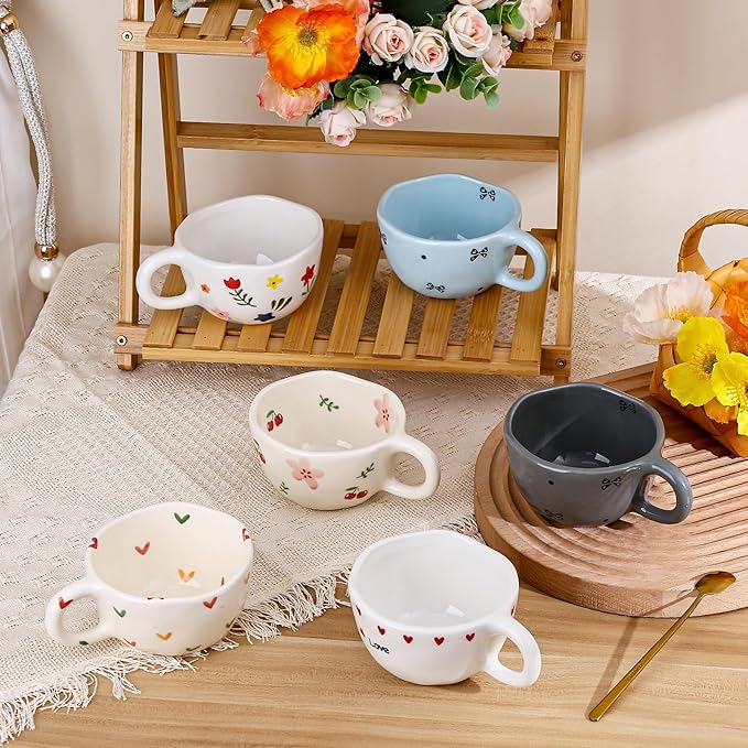 Koythin Ceramic Coffee Mug, Handmade Hot Chocolate Mugs, Cute Cup for Girl Women, Aesthetic Tea Milk Cup with Handle, 8.5 oz/250 ml for Latte, Cocoa, Office, Home (Blue Small Bow)