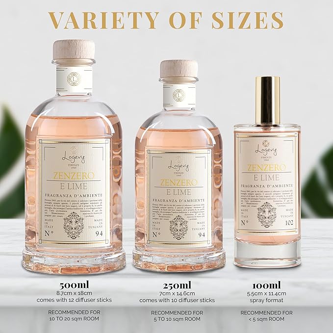 Logevy Firenze 1965 Zenzero e Lime – Ginger & Lime Luxury Home Fragrance Diffuser from Master Perfumer with Spicy, Floral & Fruity Notes in Elegant Glass Bottle with 10 Natural Bamboo Reeds –250ml