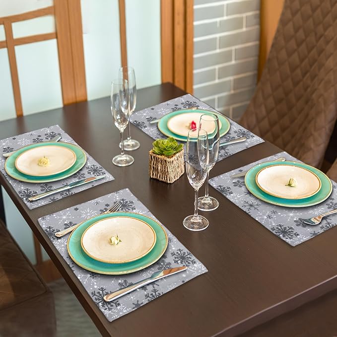 Urban Villa Placemats Grey Snowflake 100% Cotton Fused Tablemats for Dining 14''x20'' Over Sized Set of 6 Placemats for Christmas Celabrations Wedding Parties Every Day Use Heavier Quality Placemats