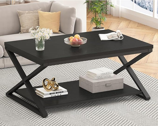 HSH Black Coffee Table with Storage Shelf, Modern Metal Wood Living Room Table, Simple 2 Tier Rectangle Center Table, 39 Inch Office Bedroom Display Cocktail Tea