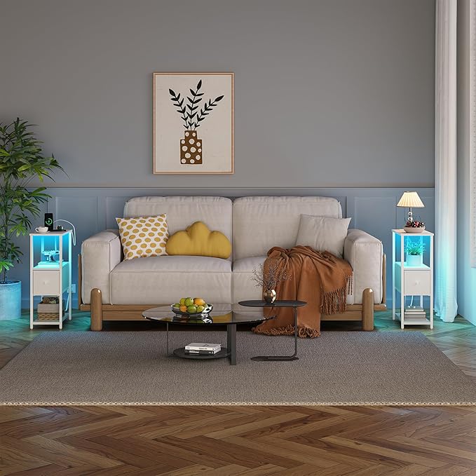 TUTOTAK Small Narrow LED End Table with Charging Station, Side Table Outlets, Nightstand with Cloth Drawer, Set of 2, Couch Table, for Living Room, Bedroom, Bedside, White TB01BW059