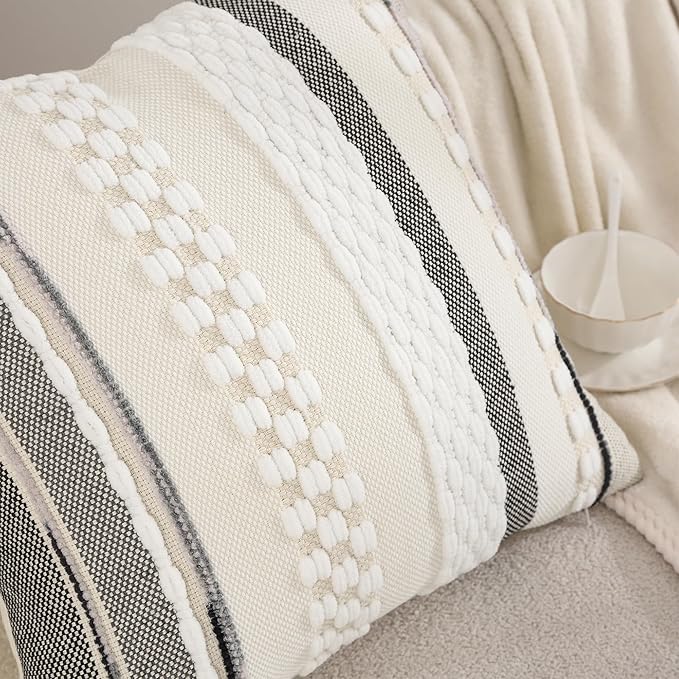 Tosleo Boho Throw Pillow Covers 18x18 Set of 2 Striped Decorative Pillow Cases Accent Chenille Pillowcases Farmhouse Cushion Case Bohemian Nuetral Textured Pillow Cover,White