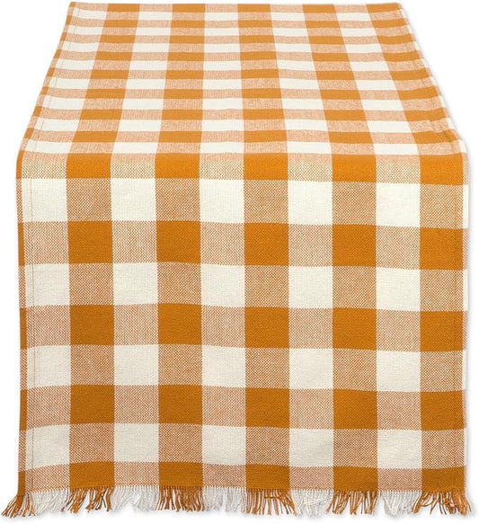 DII Heavyweight Fringed Check Tabletop Collection, Table Runner, 14x108, Pumpkin Spice
