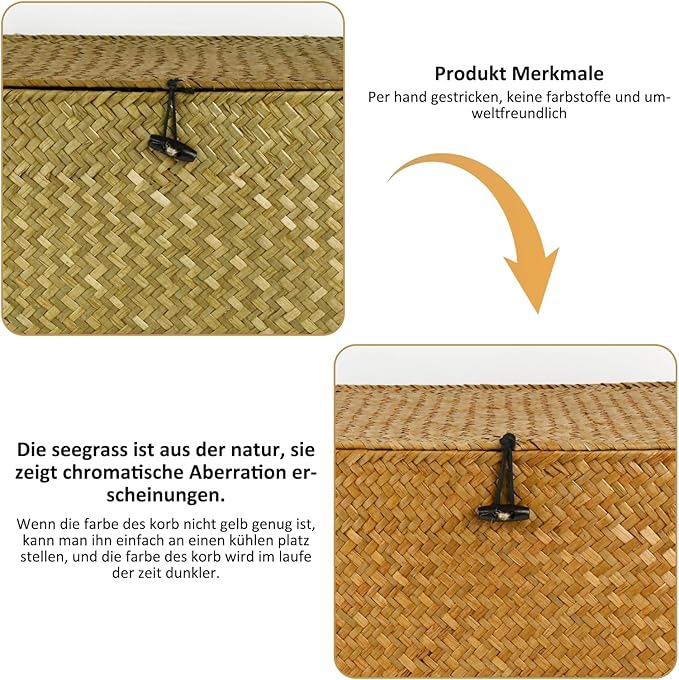 Wicker Storage Basket with Lid, Seagrass Storage Bins with Lids, Rectangular Handwoven Shelf Baskets with Lid for Home Organizer, Rattan Decorative Box for Clothes, Groceries, Snacks (L)