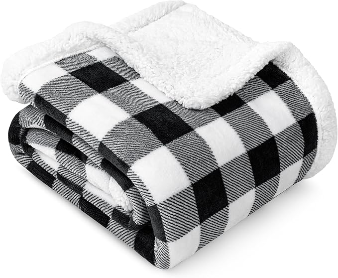 Pavilia Black & White Buffalo Plaid Sherpa Bed Blanket - King, Plush Checkered Fleece & Flannel, Warm Winter Blanket for Couch & Sofa, 90x108