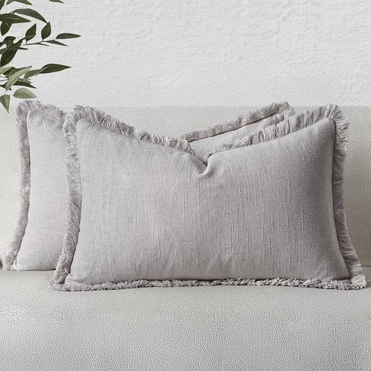 MIULEE Decorative Lumbar Throw Pillow Covers Neutral Linen Fringe Throw Pillows Set of 2 Light Grey Boho Farmhouse Cushion Covers for Couch Sofa Bed Living Room Spring Home Decor 12x20 Inch