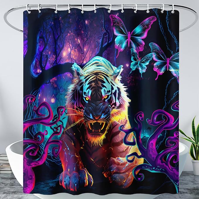 AILONEN 3D Tiger Shower Curtain for Bathroom,Purple Magic Forest Wildlife Printed Bath Curtain,Boys Roaring Tiger Decoration Shower Curtain Waterproof 48" W*72" H