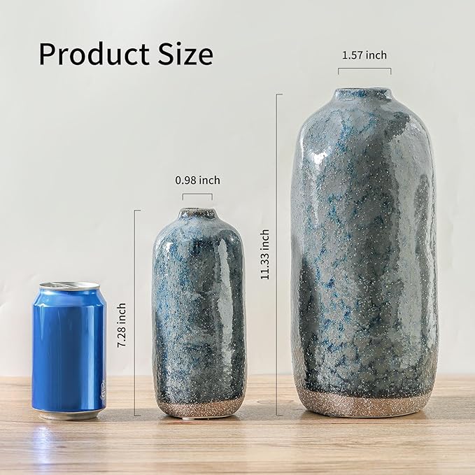 Flower Vase,Grey Blue Ceramic Vases Set of 2,Flower Vase for Home Decor,Decorative Vase for Pampas Grass, Boho Decorative Vase for Home Living Room Dining Table Farmhouse Office Decor