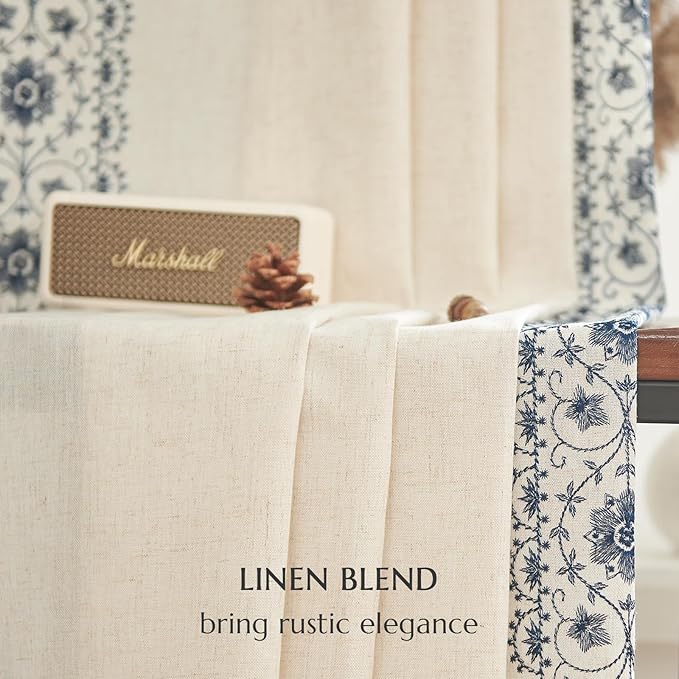 jinchan Boho Curtains for Bedroom Blue Vintage Floral Farmhouse Curtains 72 Inches Long Linen Blend Drapes for Living Room Embroidered Drapes Light Filtering Rod Pocket Blue on Beige 2 Panels
