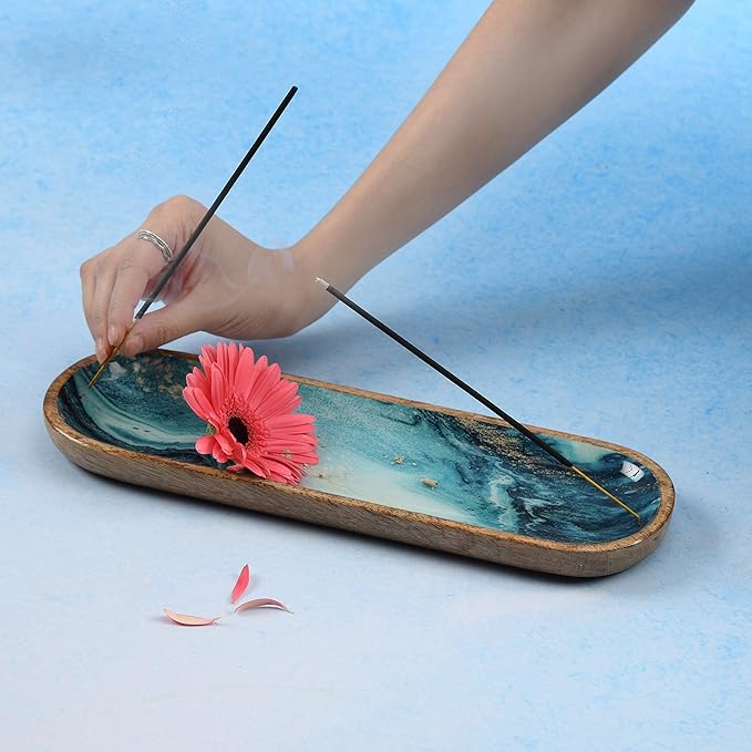 Folkulture Incense Holder for Sticks or Incense Burner | Insence-Stick Holder for Men or Her, Modern Ash Catcher or Insense for Table Décor, Wooden Incense Tray for Sticks, Mango Wood -12 Inches, Blue