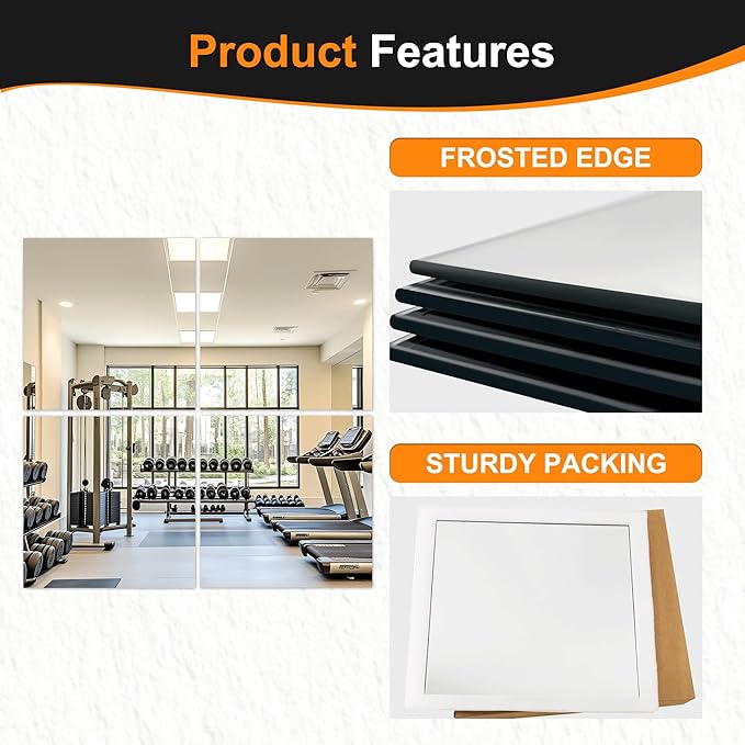 Delma Frameless Mirror Tiles 22"x22"x4 Pcs Wall Mounted, Shatter Resistant Full Length Tempered Glass Panels for Home Gym Bathroom Bedroom & Living Room Decor