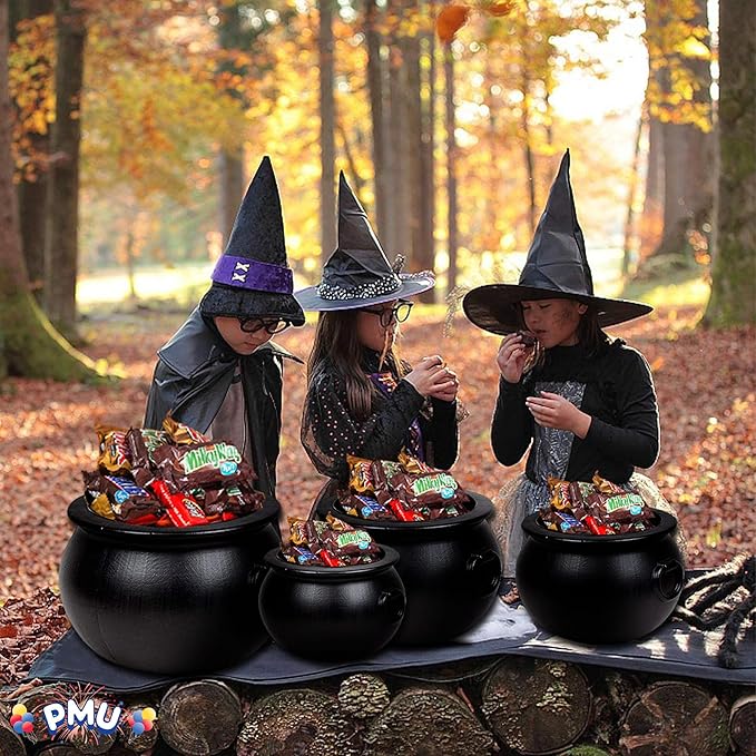 PMU 4 Pc 16" 12" 8" 6" Inch Halloween Black Cauldron Kettle, Halloween Black Plastic Witch Cauldron Kettle, Halloween Party Decorations, Halloween Decorations Indoor & Outdoor