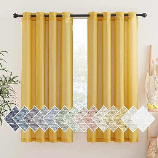 NICETOWN Linen Sheer Gold Curtains 63 inch Length 2 Panels, Grommet Natural Linen Flax Window Drapes Privacy with Light Filtering Curtains for Bedroom, Citrine, W52 x L63