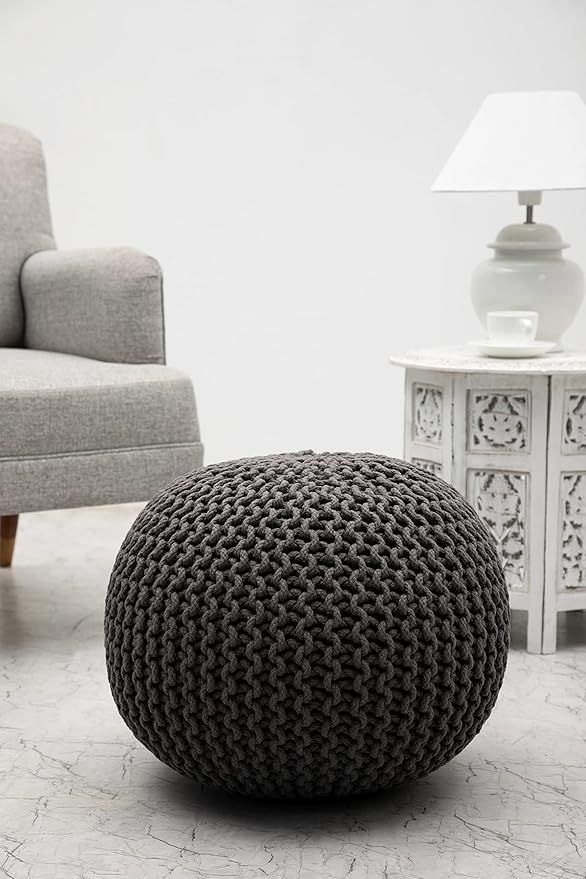 COTTON CRAFT Round Pouf - Hand Knitted Cotton Braid Cord Cable Dori Ottoman - Foot Stool - Floor Pouf Footrest Accent Seat Furniture Bean Bag - Living Room Kids Room Nursery Dorm Décor - 20x14 - Grey