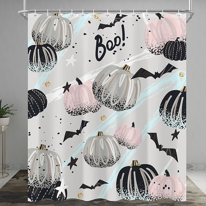 Abstract Halloween Pumpkin Shower Curtain 60"X72" Pink Grey Shower Curtain Set for Bathroom Spooky Bat Cute Cartoon Waterproof Bathtub Curtain Decor Kids Girls Fall Bathroom Curtain with Hooks