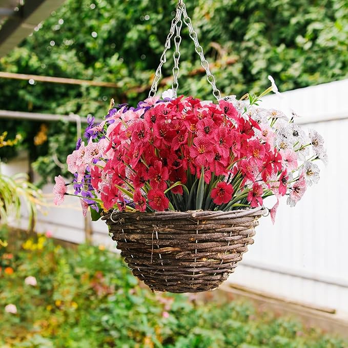 22 Bundles Artificial Flowers Outdoor, Faux Flowers UV Resistant with Plastic Plants, Faux Silk Flowers for Outdoors Outside Front Porch Hanging Planter Window Box Garden Decoration(Rose Red)