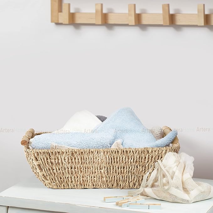 Artera Shallow Wicker Storage Basket - Medium Woven Seagrass Baskets with Wooden Handles for Bathroom, Kitchen Pantry Organizing, Perfect as Drawers, 15" x 10.6" x 5,3" (1, M)