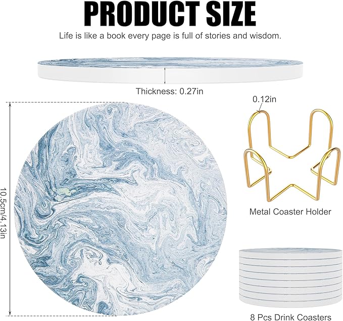 Coasters for Drinks Set of 8, Absorbent Abstract Light Blue Marble with Metal Golden Holder, Ceramic Coaster Set Cup Mat for Home Decor, Bar, Kitchen, Party