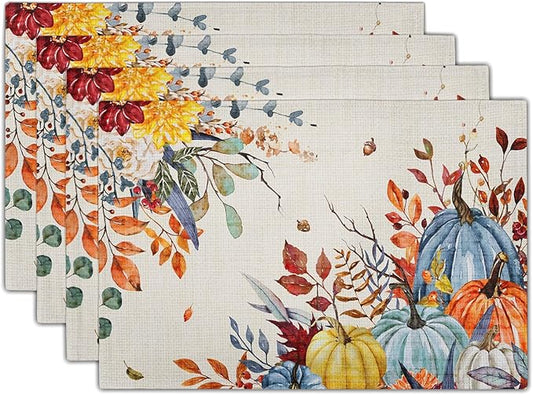 Giwawa Fall Thanksgiving Placemats Set of 4 Watercolor Autumn Pumpkins Floral Linen Table Mats 12x18 Inch Washable Heat Resistance for Kitchen Dining Farmhouse Holiday Decor