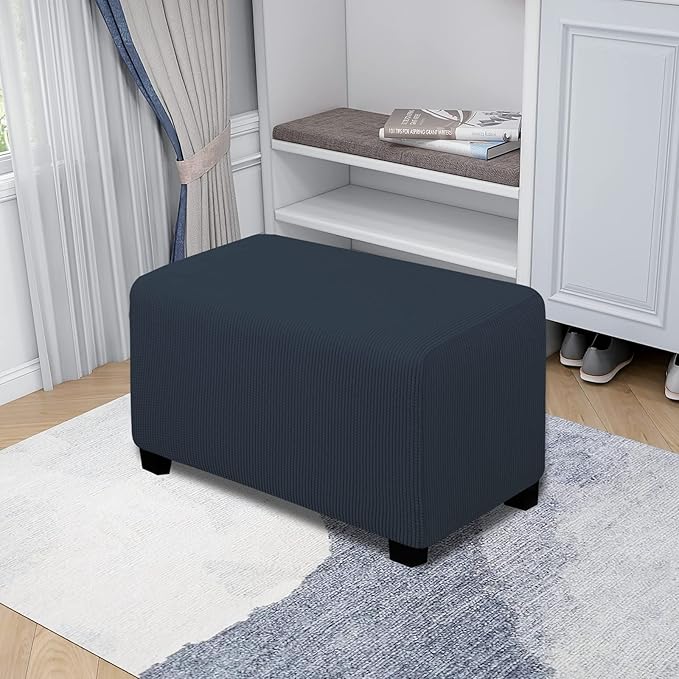 Easy-Going Stretch Ottoman Cover Folding Storage Stool Furniture Protector Soft Rectangle slipcover with Elastic Bottom(Ottoman Small,Dark Blue)