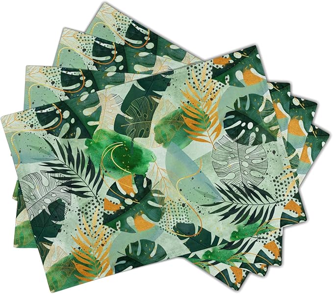 Tropical Palm Leaves Place Mats Set of 4 Green Gold Leaf Summer Washable Heat Resistant Table Mats Linen Fabric Table Mat 12×18 Inch for Party Kitchen Dining Home Decor